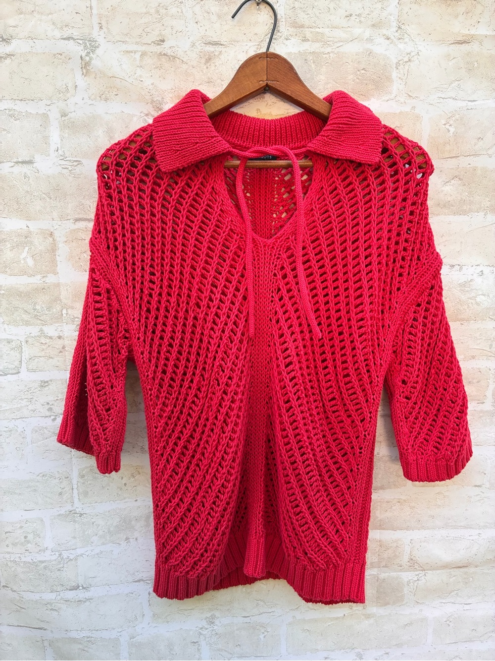 Talbots size M red Open-Knit V-Neck Polo Sweater - Picture 2 of 5